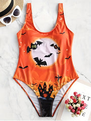 Gothic Swimsuit Women's Bat & Castle Print One Piece Bathing Suit