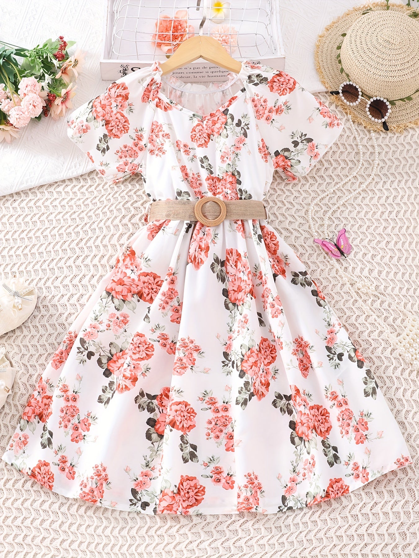 Girls Boho Floral Casual Dress With Belt V-Neck Flying Sleeve for Party