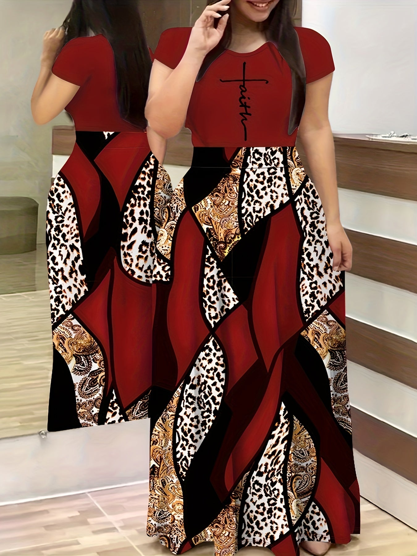 Colorblock Leopard & Paisley Print Maxi Dress