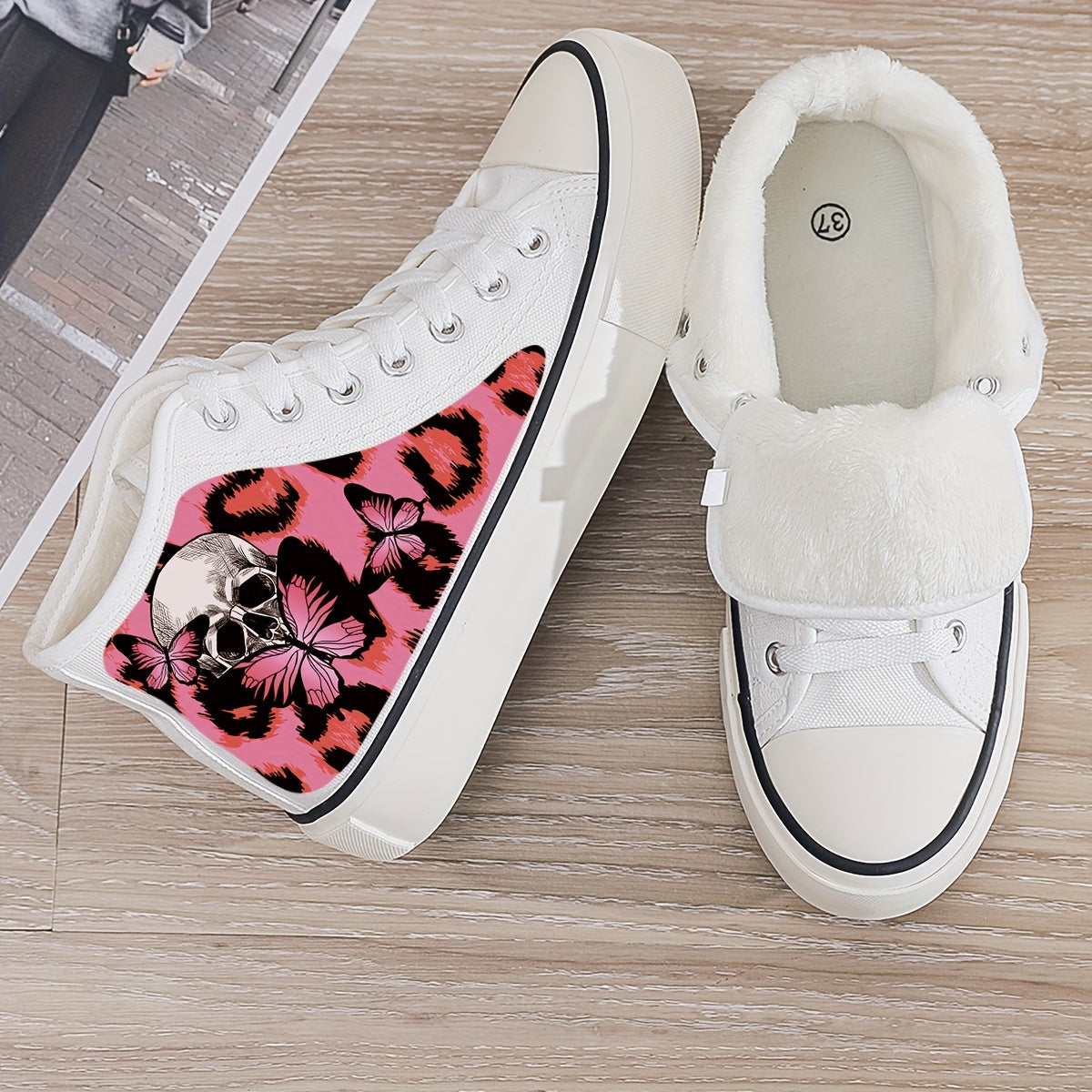Skull & Butterfly Plush Lined Canvas Sneakers