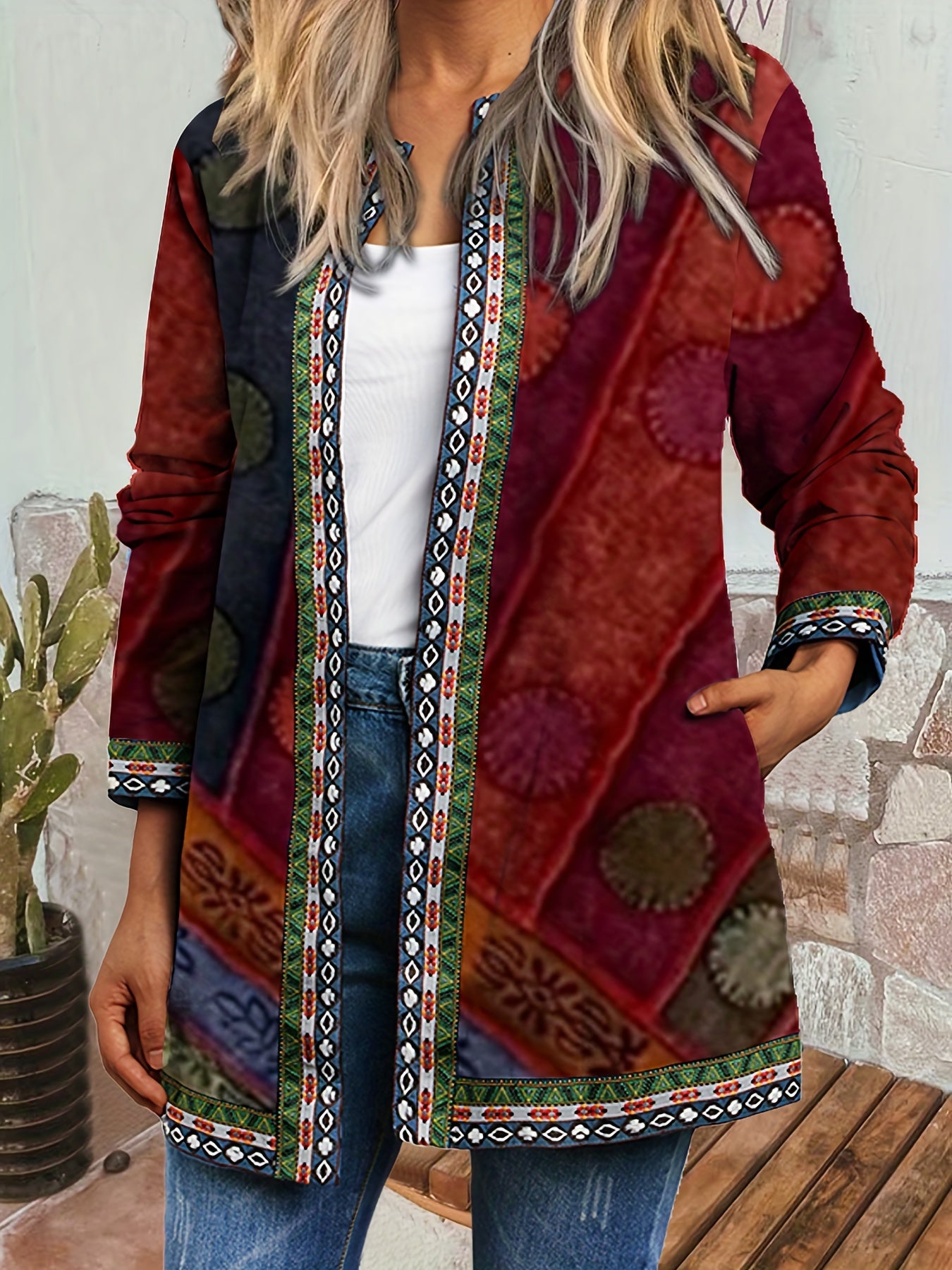 Ethnic Print Open Front Jacket Vintage Long Sleeve Crew Neck Outerwear
