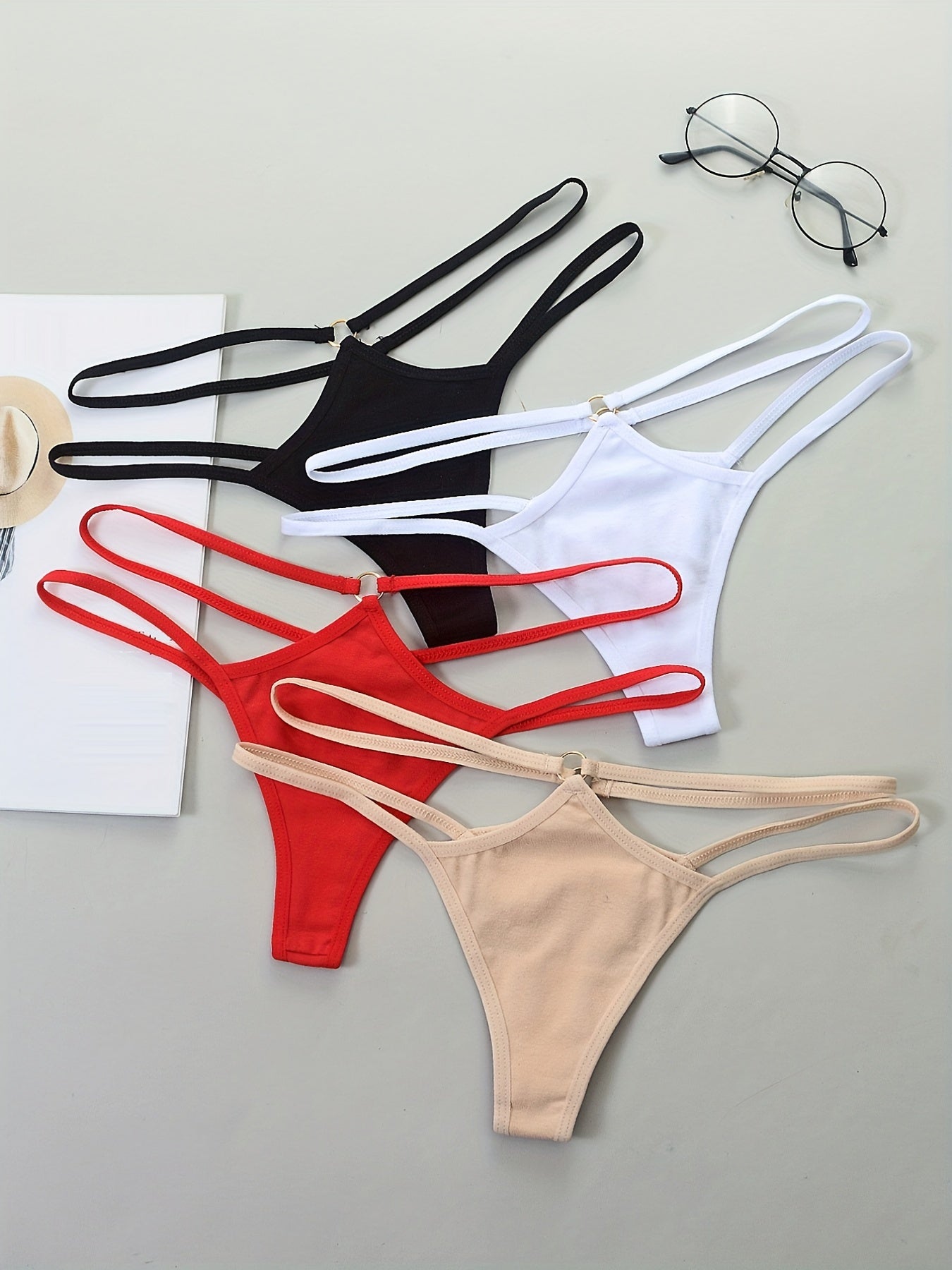 4 Pcs Double Thin Straps Thongs Hollow Out Panties Women's Lingerie