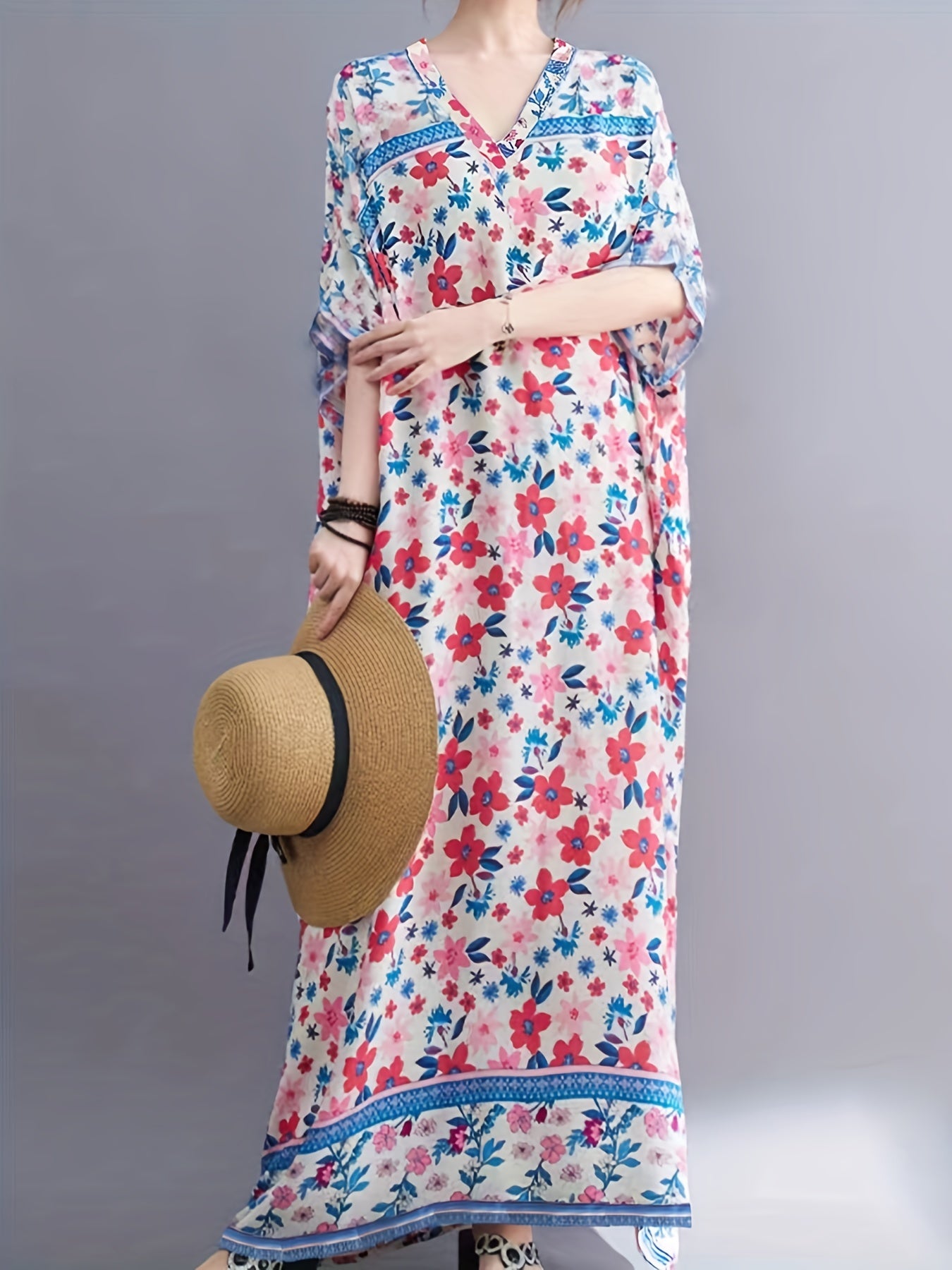 Floral Print V Neck Maxi Dress for Plus Size Women