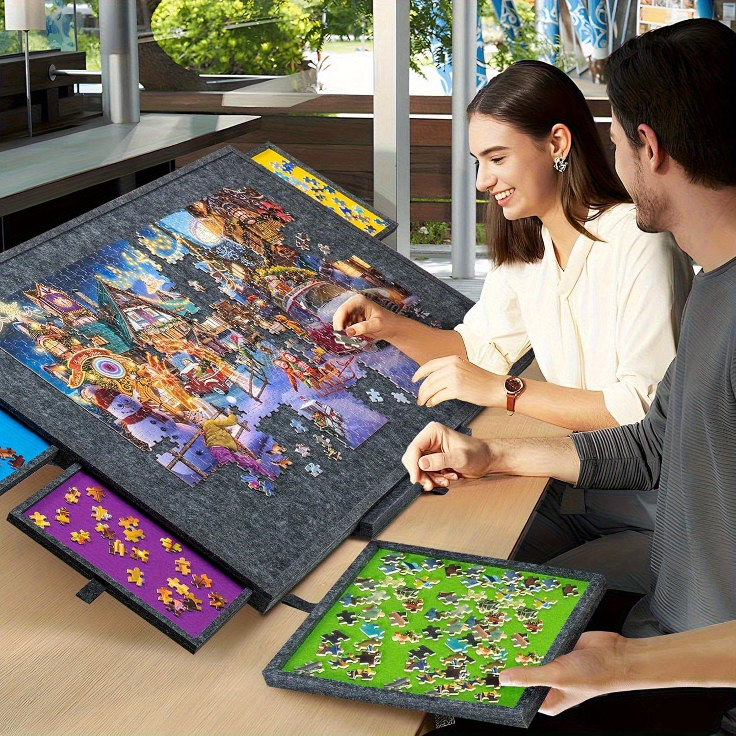 Collapsible Puzzle Board Felt Mat with 4 Drawers - Up to 500pcs Puzzles