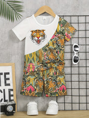 Boys Tiger Graphic T shirt & Shorts Set for Summer