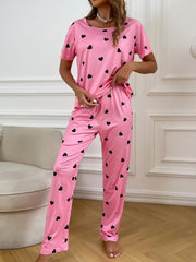 Heart Print Pink Pajamas Set Short Sleeve Top & Elastic Waistband Pants