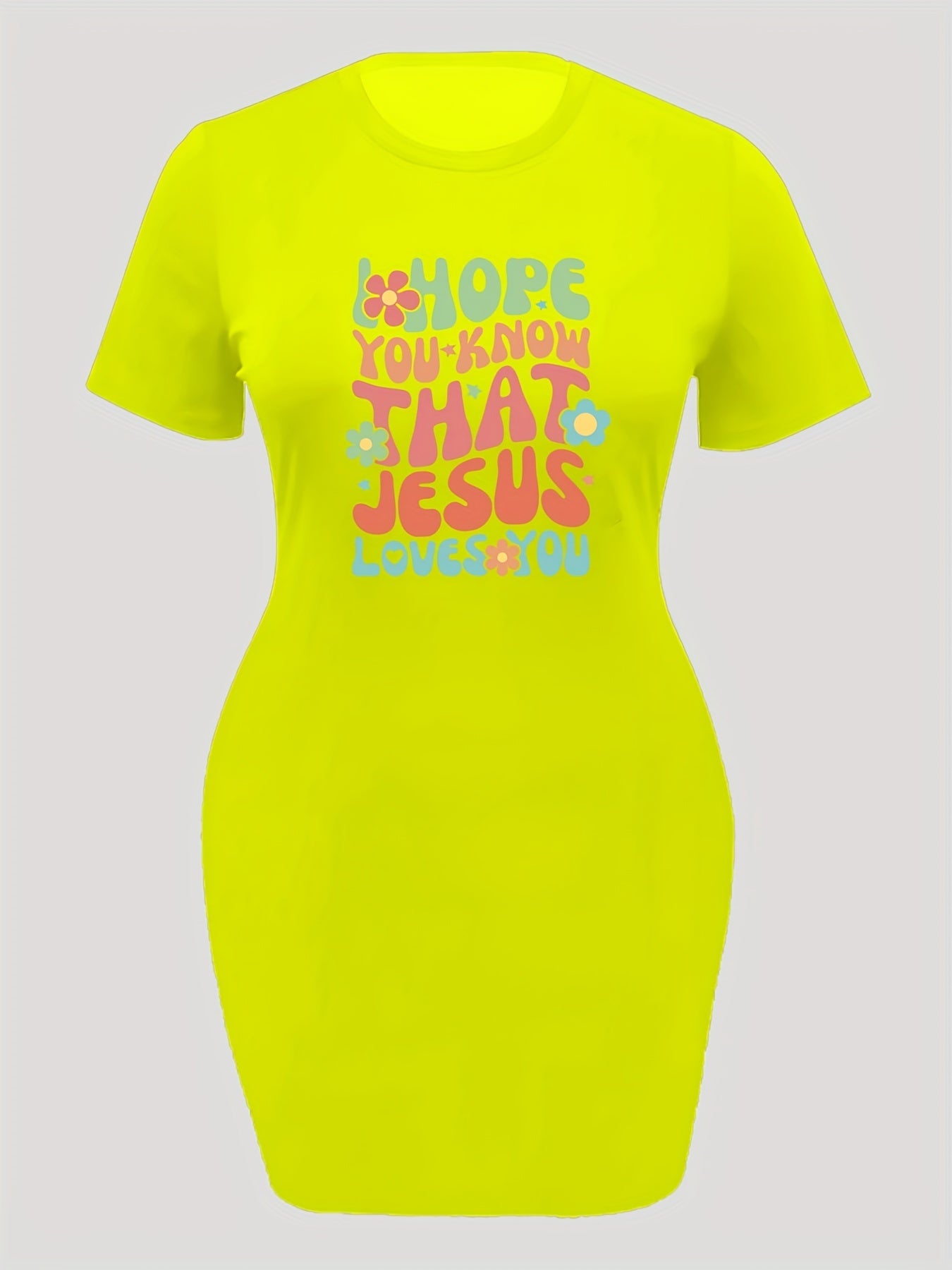 Women's Slogan & Floral Print Short Sleeve Round Neck Dress