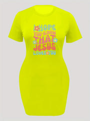Women's Slogan & Floral Print Short Sleeve Round Neck Dress