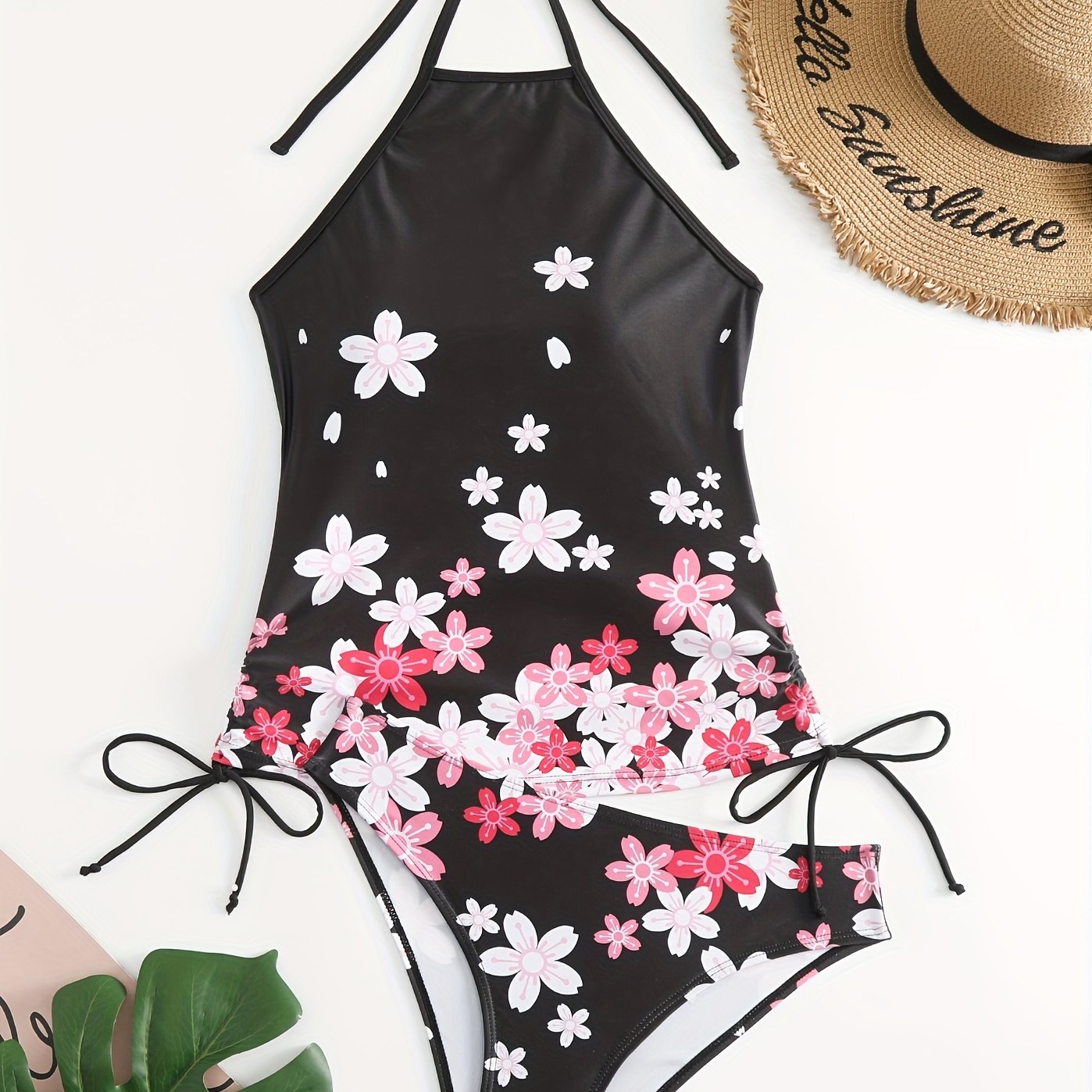 Floral Print Tankini Set Halter Neck Knot Side Top & Underwear Two Pie