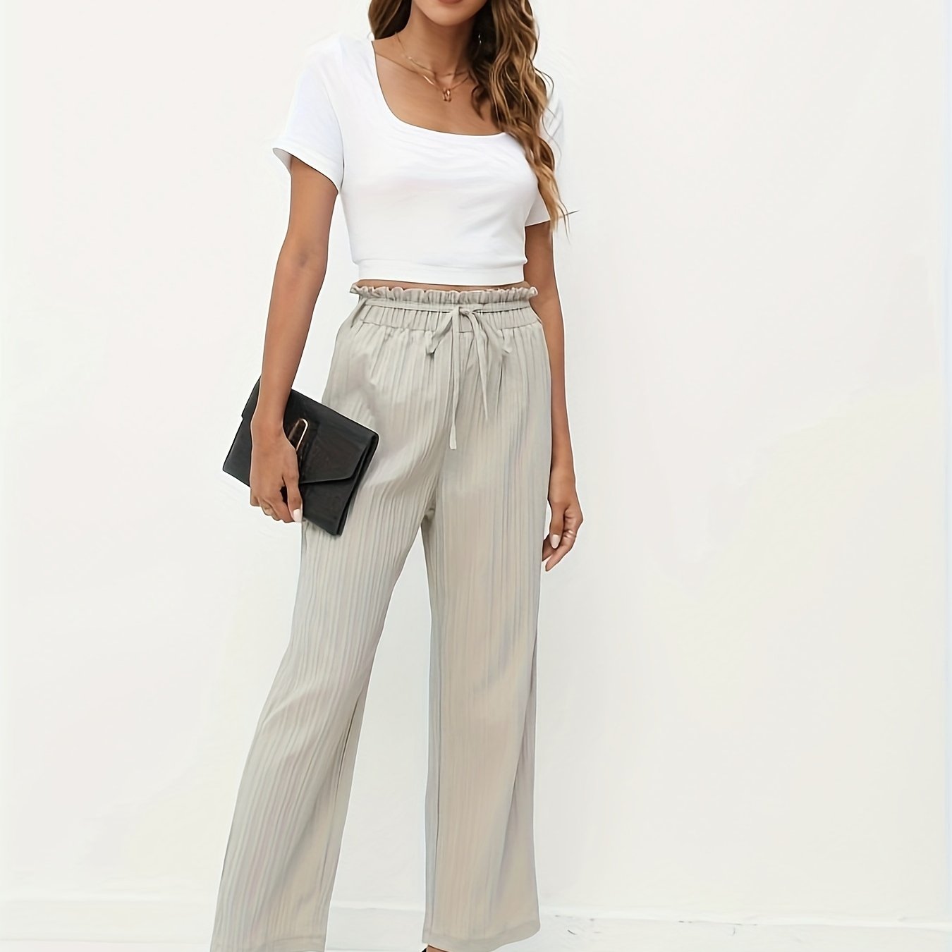 Solid Lace Up Wide Leg Pants Casual Paper Bag Waist