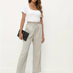 Solid Lace Up Wide Leg Pants Casual Paper Bag Waist