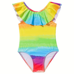 Gradient Rainbow Ruffle Trim Swimsuit for Girls