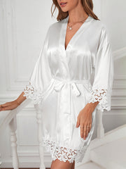 Satin Night Robe Lace Sleeve V Neck Robe Women's Sleepwear