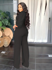 Solid Half Puff Sleeve Crop Top & High Rise Straight Leg Pants Set