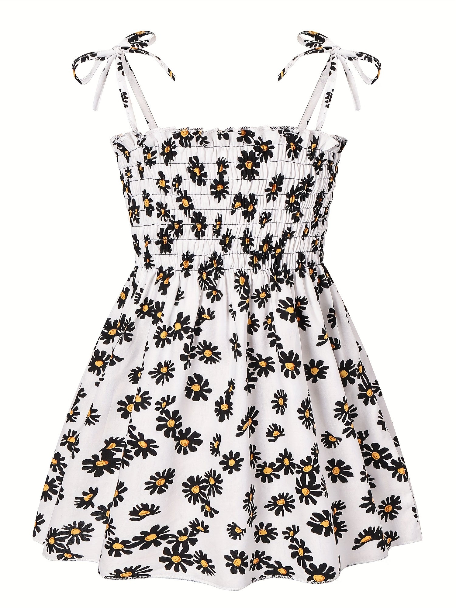 Toddler Girls Daisy Graphic Frill Trim Shirred Bow Shoulder Princess Cami Dress
