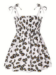 Toddler Girls Daisy Graphic Frill Trim Shirred Bow Shoulder Princess Cami Dress