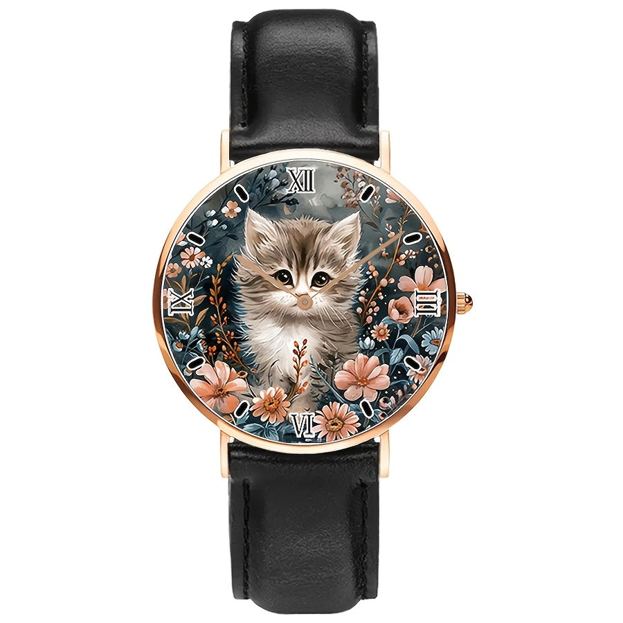 Calico Cat Analog Watch Unisex Minimalist Floral Faux Leather Strap Quartz