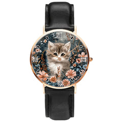Calico Cat Analog Watch Unisex Minimalist Floral Faux Leather Strap Quartz