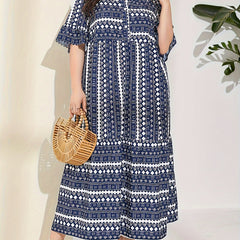 Colorblock Geometric Bell Sleeve Maxi Dress