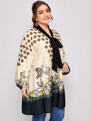 Blouse Women's Plus Tribal Print Lantern Sleeve Knot V Neck Tunic Top