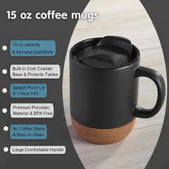 2pcs 15oz Ceramic Coffee Mugs Water Cup Wide Mouth Handle Lid