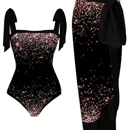 Tie Shoulder One Piece Swimsuit & Skirt Tankini Set