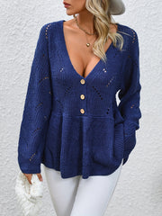 V Neck Button Front Pullover Sweater for Women