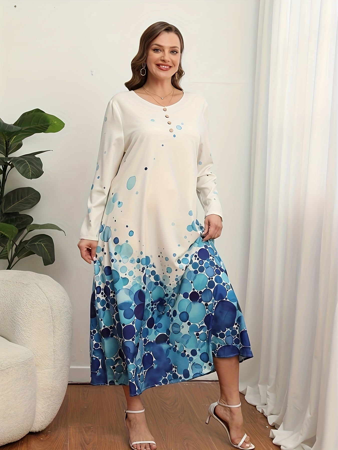 Casual Dress Women's Plus Dot & Ombre Print Long Sleeve V Neck Dress