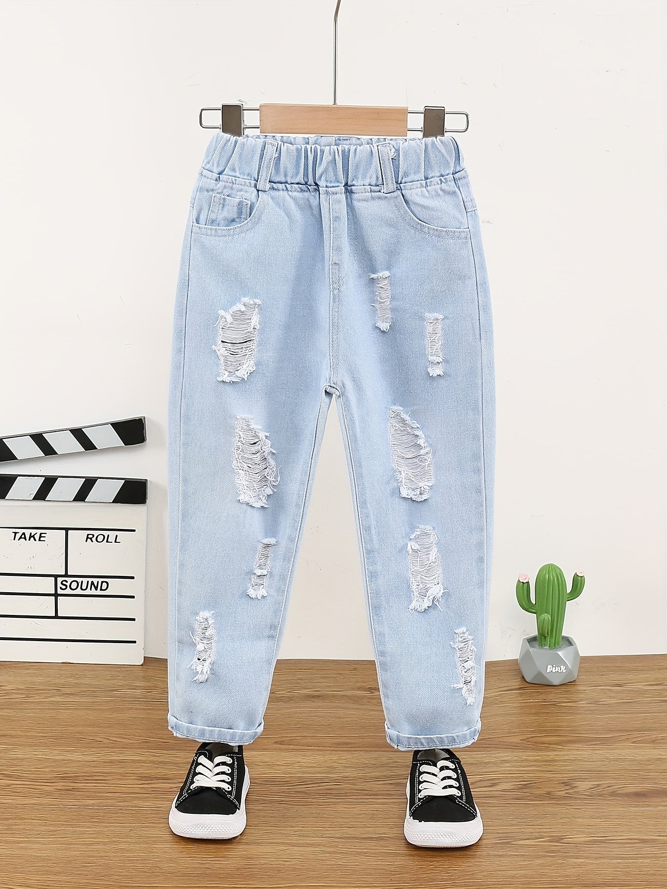 Girls Cartoon Pattern Denim Jeans Elastic Waistband Kids Clothes