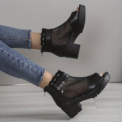 Women's Rhinestone Mesh Block Heel Boots