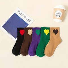 5prs Kids Retro Love Crew Socks Breathable Sweat Absorption All Seasons Socks