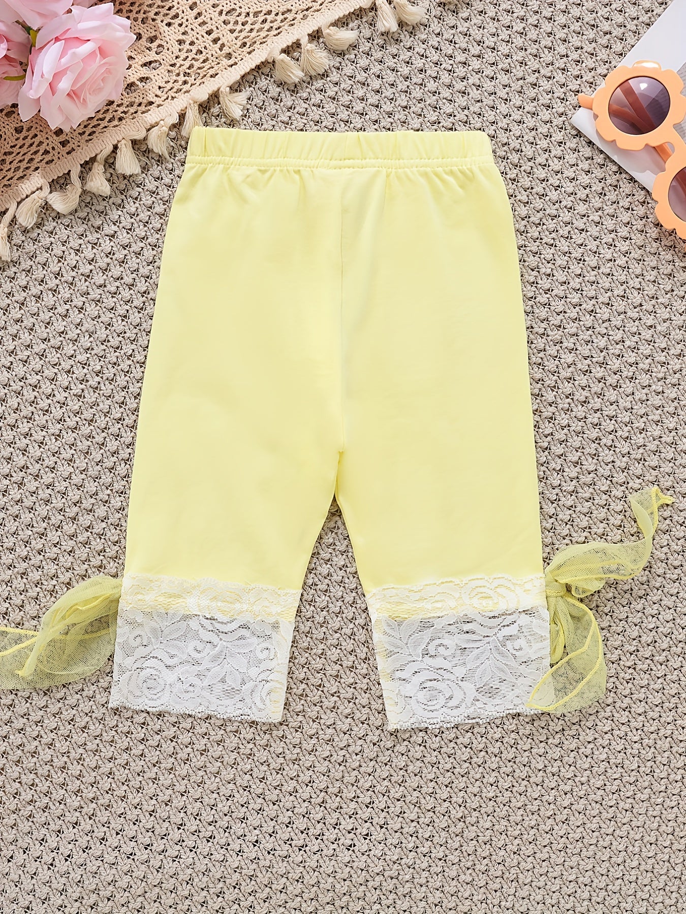 Girls Mesh Tie Bow Lace Cropped Leggings