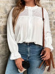 Blouse Women's Solid Eyelet Embroidery Mock Neck Shirt
