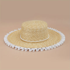Flat Top Lace Fedora French Style Faux Pearl Decor Sun Hat