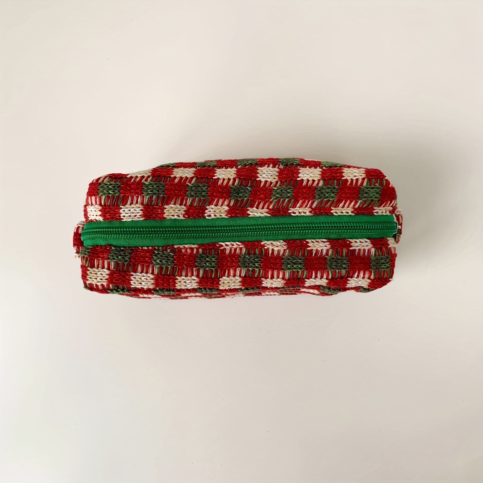 Checkered Cosmetic Bag Knitted Christmas Red Green Makeup Pouch
