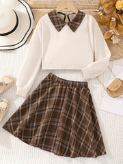 Girls Colorblock Plaid Sweatshirt Top Plaid Skirt Set