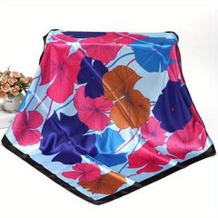 Lotus Print Satin Square Scarf Flower Bandana Women Casual Sunscreen Shawl