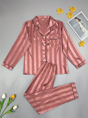 Striped Satin Pajama Set Long Sleeve Buttons Top & Elastic Waistband Pants