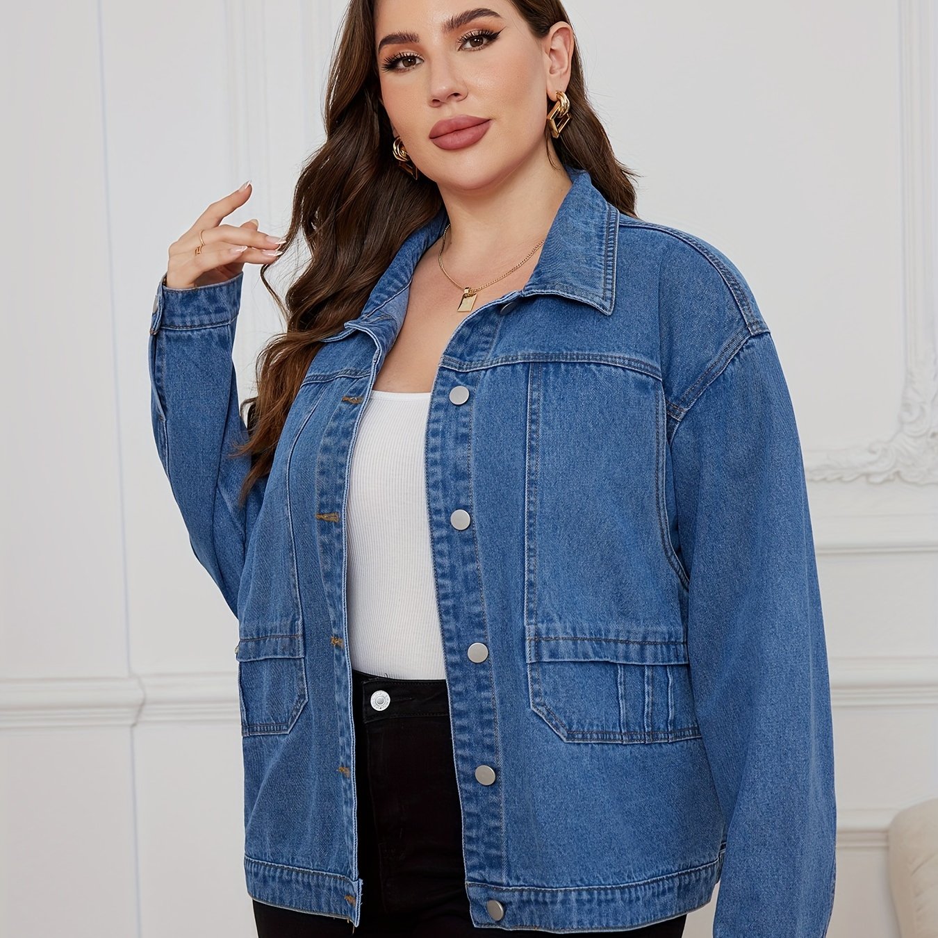 Casual Denim Top Women's Plus Solid Pipping Long Sleeve