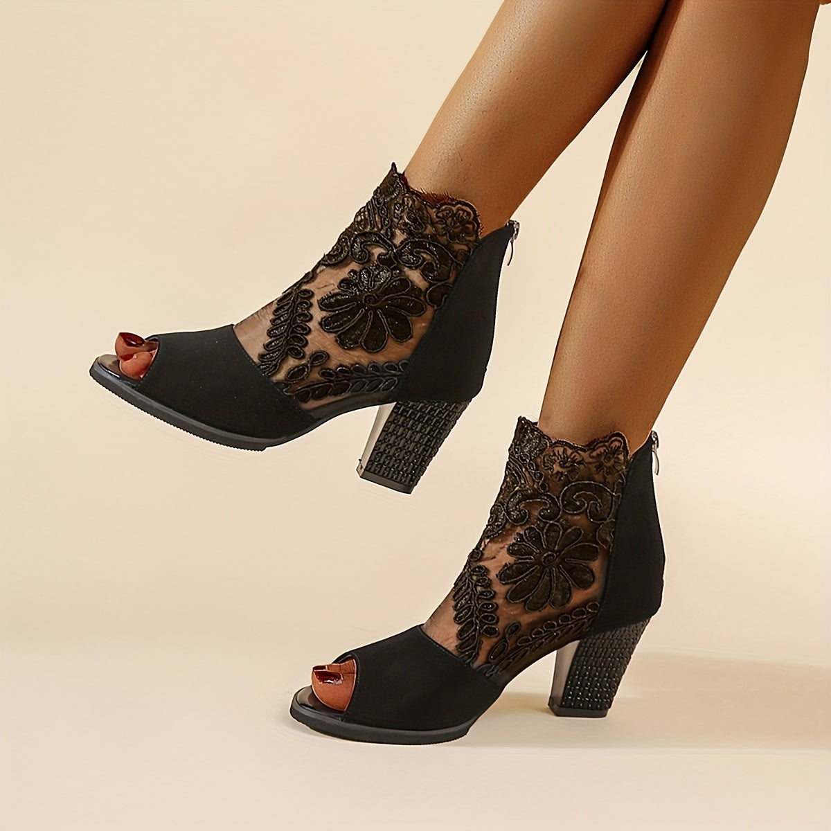 Floral Lace Block Heel Sandals Peep Toe High Heels
