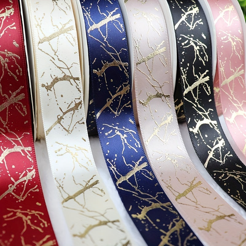 5 Yards 25mm Satin Marble Crack Pattern Golden Foil Printed Ribbon