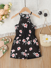Girls Flower Print Casual Halter Neck Sleeveless Rompers