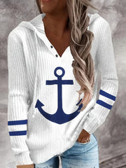 Anchor Print Button Hoodie Long Sleeve Sweatshirt
