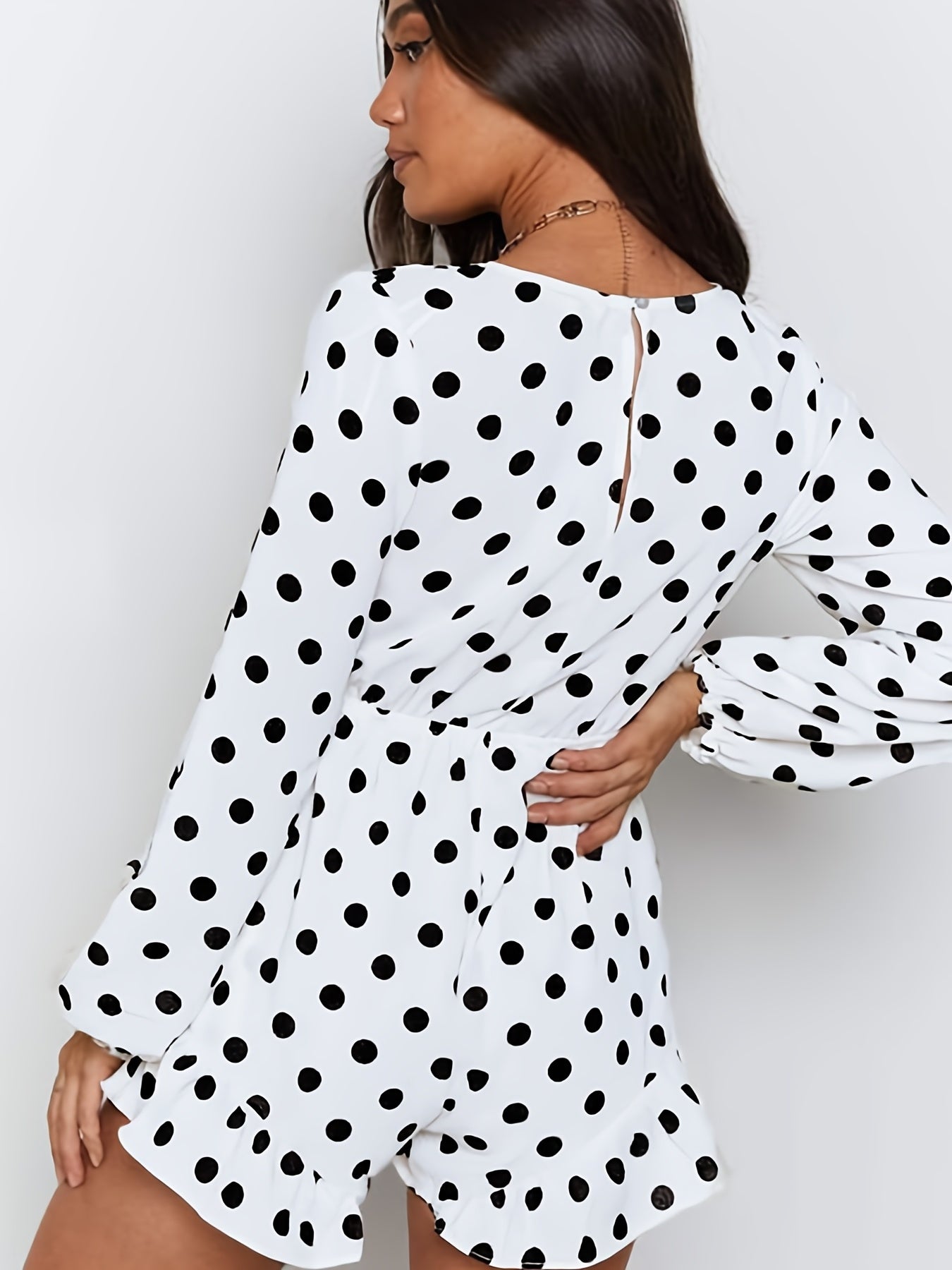 Polka Dot Surplice Neckline Jumpsuit Ruffle Trim Romper