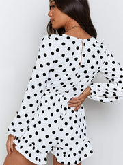 Polka Dot Surplice Neckline Jumpsuit Ruffle Trim Romper