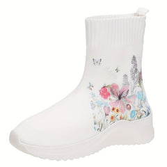 Flower & Butterfly Pattern Sneakers: Casual & Breathable Knit Sock Shoes