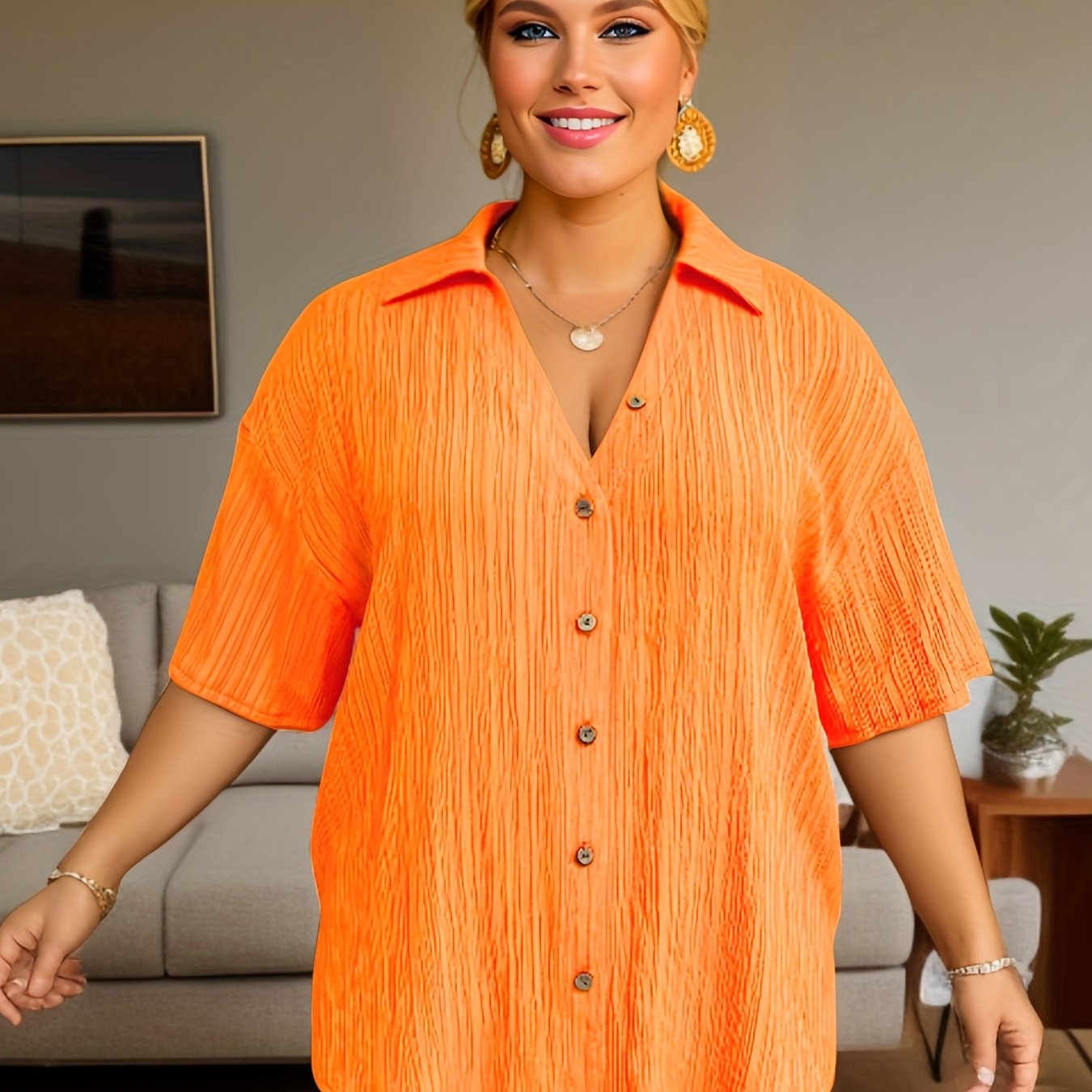 Blouse Women's Ribbed Short Sleeve Button Up Shirt