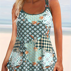Retro Tankini Set Women's Geo Pattern Cami Top & Shorts Swimsuit