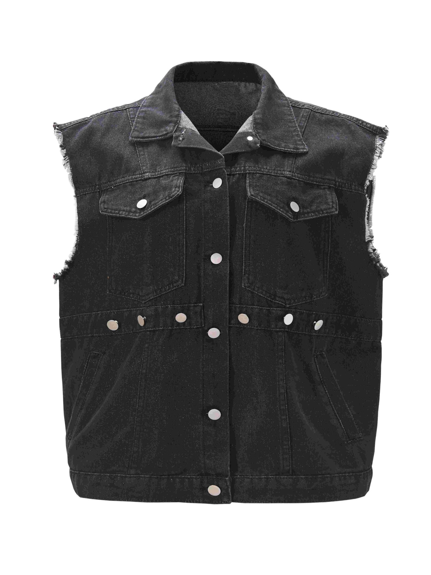 Denim Vest Fringe Trim Button Front Slim Fit Casual Jean Vest