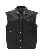 Denim Vest Fringe Trim Button Front Slim Fit Casual Jean Vest